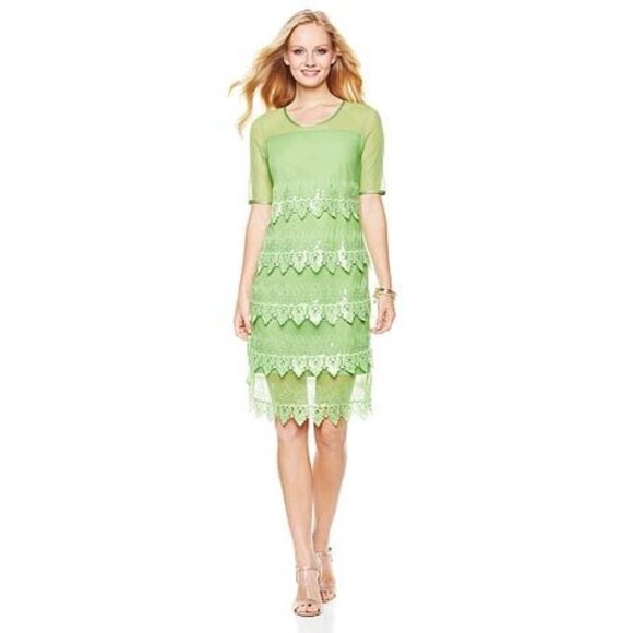 Badgley Mischka Dresses & Skirts - Badgley Mischka Green Sheer Lace Tiered Sequins Cocktail Dress LARGE NWT $145